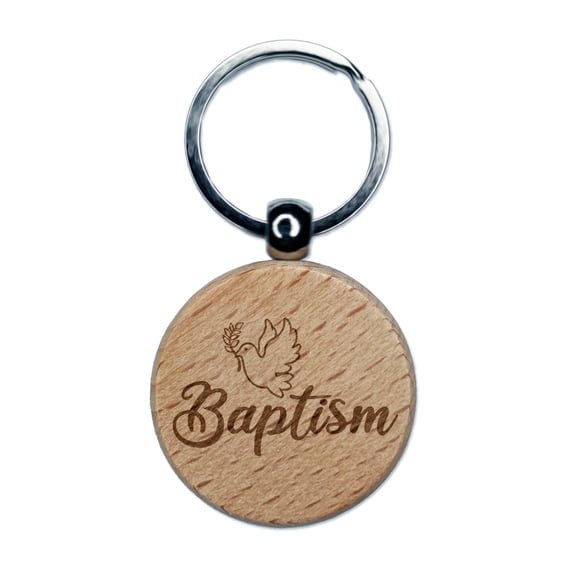 Baptism Dove Christening Round Keychain Charm Tag - Engraved Wood