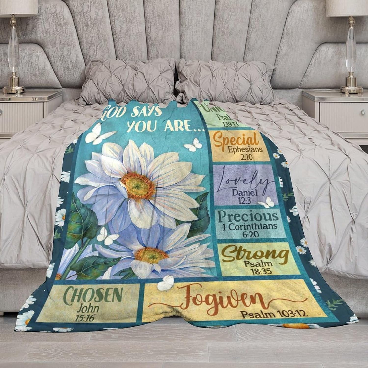 Daisy Butterfly Blanket Christian Bible Verse Scripture Prayer Inspirational Throw Blanket Gifts for Girls Boys Winter Bedding Super Warm Soft Plush Fleece Flannel Blanket for Kids Adult Women 50"x60"