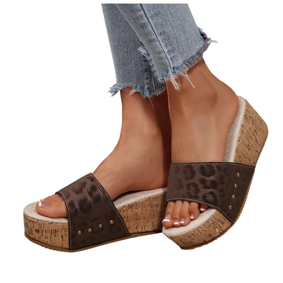 Rokment Leopard Platform Slip on Dress Sandals for Women Trendy Leather Studded Open Toe Chunky Wedge High Heels Beach Casual Comfortable Walking Slippers Vacation Brown Size 6.5