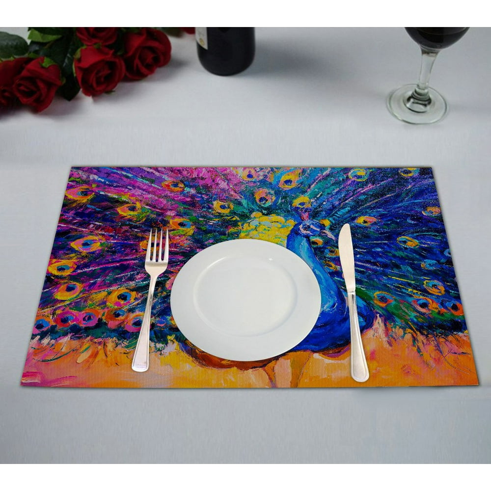 GCKG Oil Painting Placemat, Elegant Peacock Bird Colorful Placemat 12x18 Inch,Set of 2 Walmart
