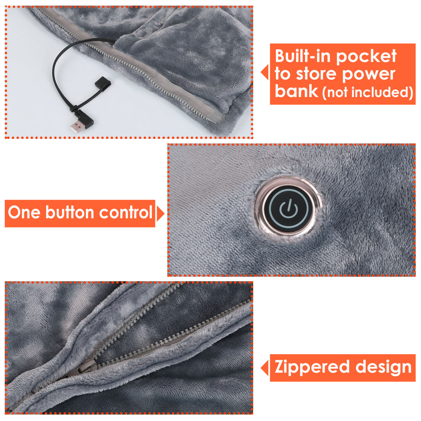 Wearable USB Heated Blanket Shawl, Portable Heated Blanket with 3 Gears 8 Heating Zones, Cordless Heated Throw Blanket for Travel, Bed, Office, Camping
