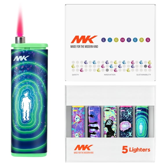 MK 5-Pack Pocket Wind‑Proof Jet Flame Butane Refillable Lighters for Candle,Camping & Outdoor (Emotion‑5PC)
