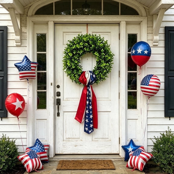 4th of July Boxwood Wreath for Front Door, 18.5x40.2 Inch Eucalypts Wreath with Red White Blue Star Stripe Ribbon, Front Door Decor