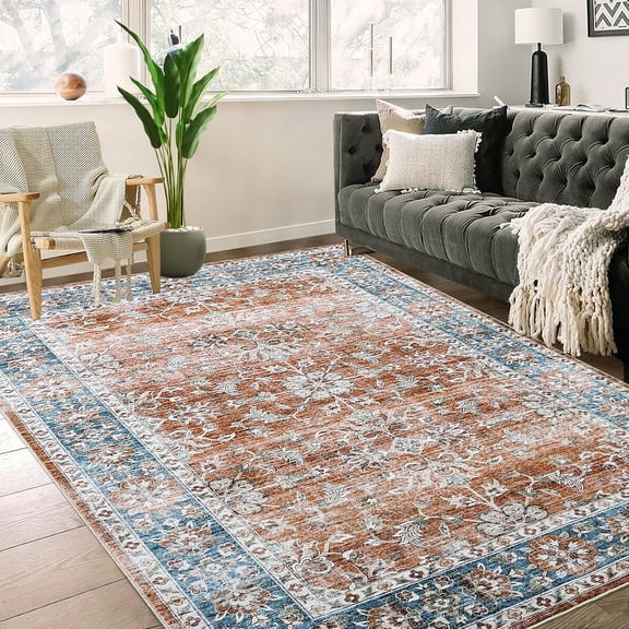 8x10 Distressed Area Rug Machine Washable Non-Slip Living Room Rug Blue/Orange