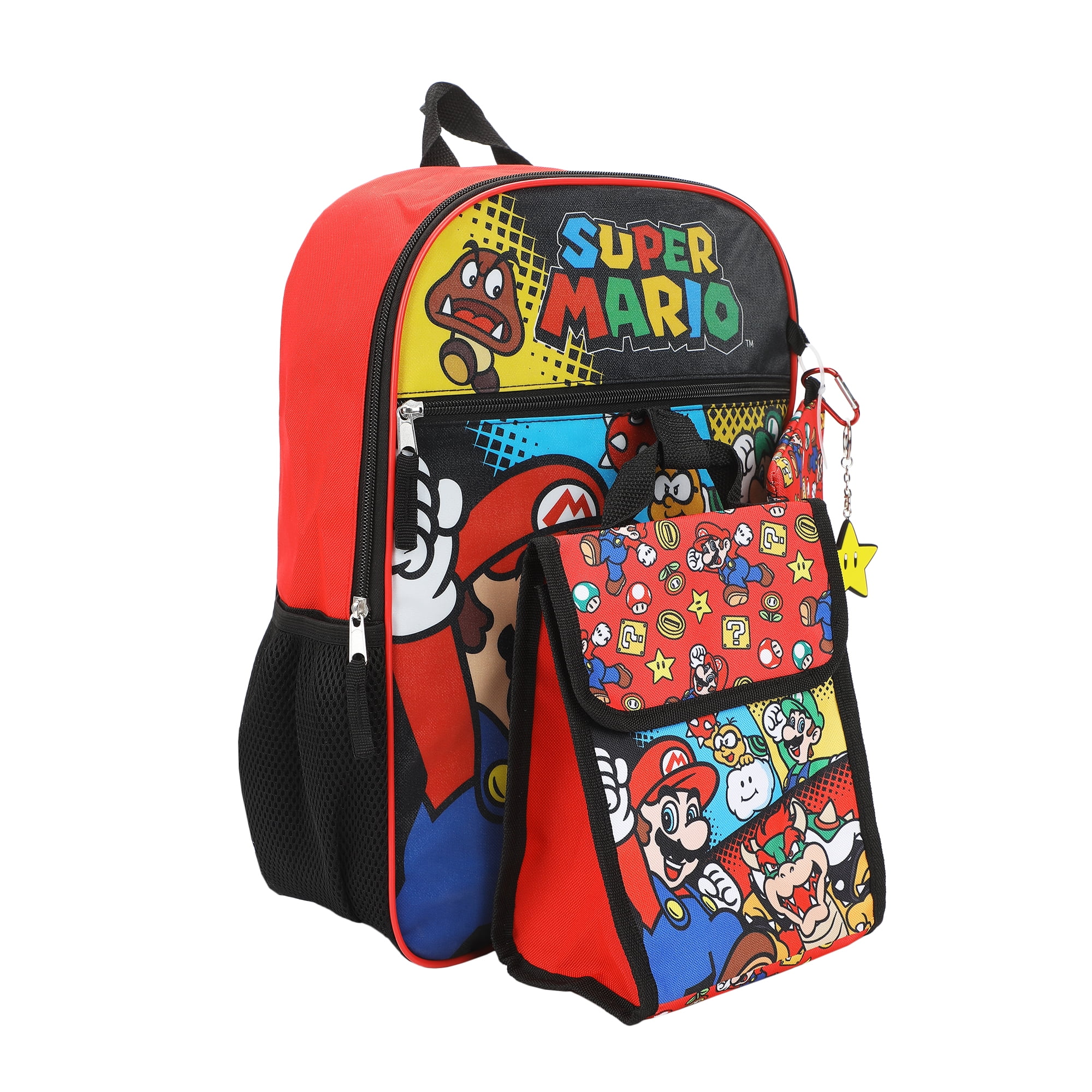 Ensemble De 5 Pièces Super Mario Avec Sac À Dos 16", Sac À Lunch, Trousse, Porte-Clés Et Mousqueton