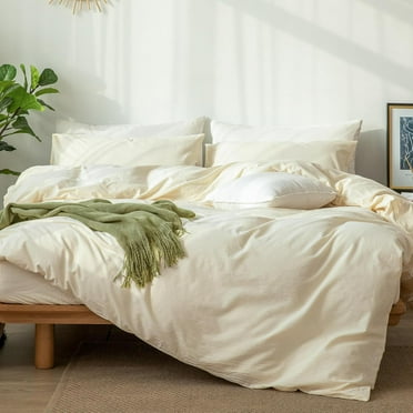 ZKC Bedding Duvet Cover Set 100% Washed Cotton Linen Like Textured Breathable Durable Soft Comfy (Cream White, King)