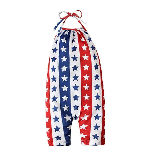 Diufon Toddler 4th Of July Jumpsuit Backless Independence Day Print Sleeveless Loose Rompers with Pockets