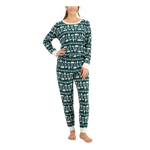 FAMILY PJs Sets Green Elastic Band Printed Long Sleeve Round Neck Lounge Everyday Size S