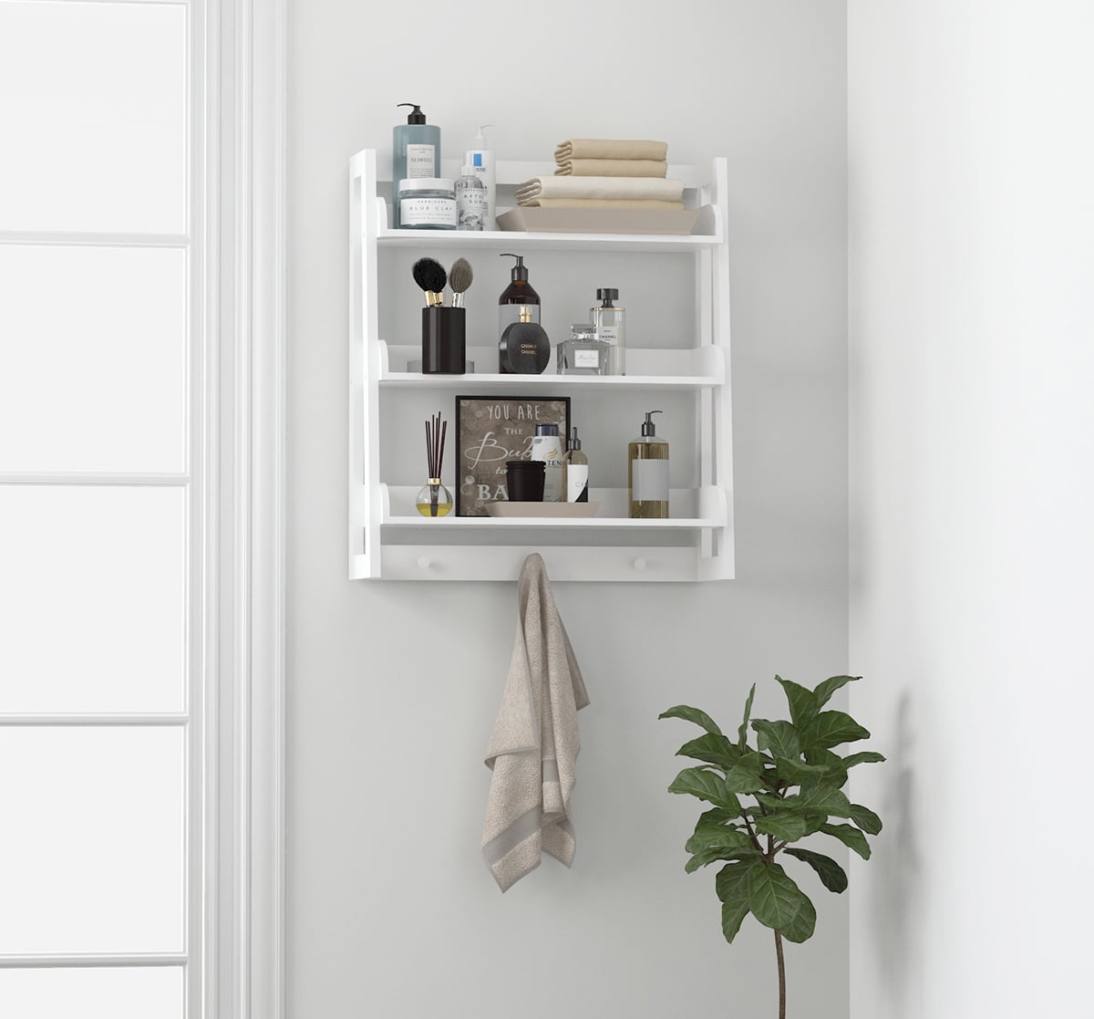 spirich 3 tier bathroom shelf wall mounted with towel hooks, bathroom  organizer shelf over the toilet (white) - walmart