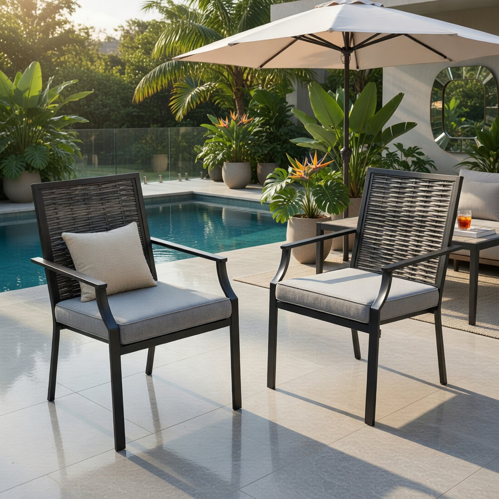 Hommoo 2-Pack Stackable Outdoor Wicker Armchairs with Removable Gray Cushions, PE Rattan Patio Chairs for Backyard, Balcony & Poolside, Gray