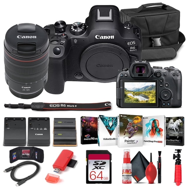 Canon EOS R6 Mark II Mirrorless Camera with 24-105mm F/4 Lens (5666C011) + 64GB Memory Card + Case + Corel Photo Software + LPE6 Battery + External Charger + Card Reader + More