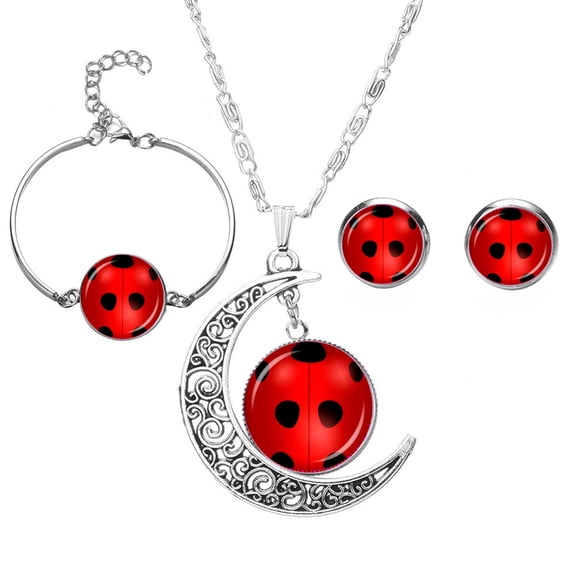 PERZOE Ladybug Time Gem Moon Necklace Set Earrings Bracelet Jewelry Set of 3