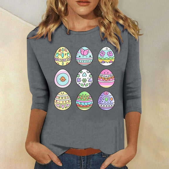 Xixinqiwan Happy Easter T Shirts for Women,Women Plus Size Bunny Eggs Crew Neck Graphic Tshirts Elbow 3/4 Sleeve Happy Easter Casual Festival T Shirts