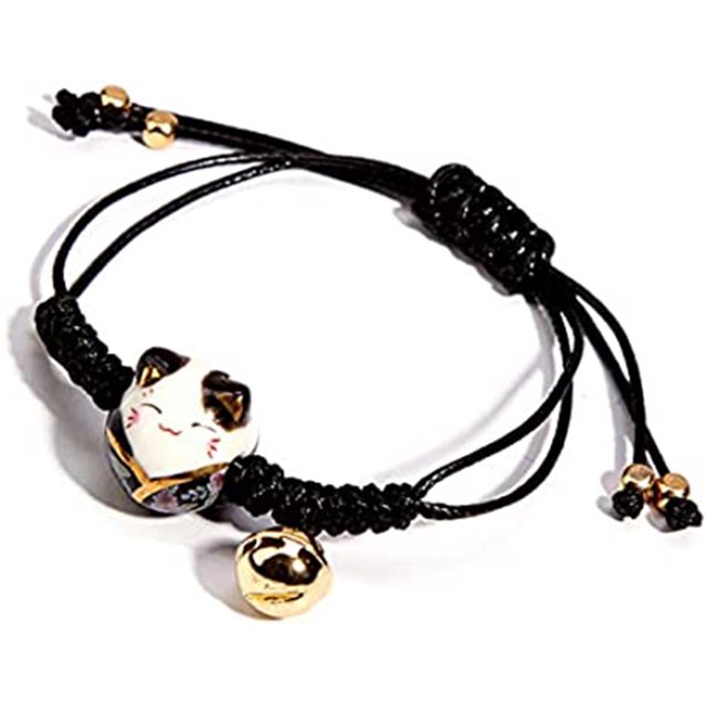 2 Pcs Feng Shui Céramique Porte-Bonheur Chat Bonne Chance Couple Bracelet Perlé Cordon de Dentition Réglable avec Clochette Richesse Santé Fortune Symbole d'Argent Riche pour Femmes Filles Bijoux d'Amitié,Noir