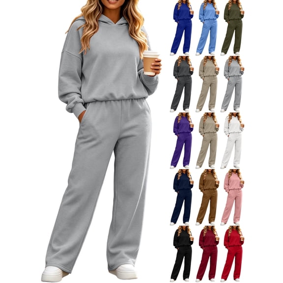 Wide Leg Sweatpants Sets for Women 2 Piece Outfit,Long sleeves Hoodie,High Waist Pants,with Pockets,Solid Color Casual Sets,Fall Tracksuit,Spring Casual Outfits