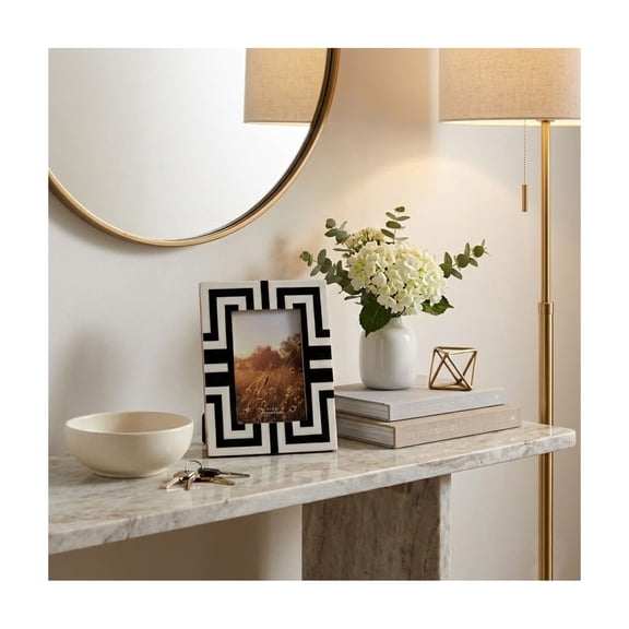 Geometric Resin and Wood Photo Frame for Tabletop or Wall Decor - Rectangular Boho Decorative Picture Frames for Pictures - Textured Pattern and Artisan-Inspired Design Detail - 9", Black & White