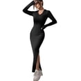 thumbnail image 4 of Women'S Casual Long Sleeve Collar V Neck Maxi Sweater Dress Slit Thigh Ribbed Knit Bodycon Pencil Dresses Black XL, 4 of 10