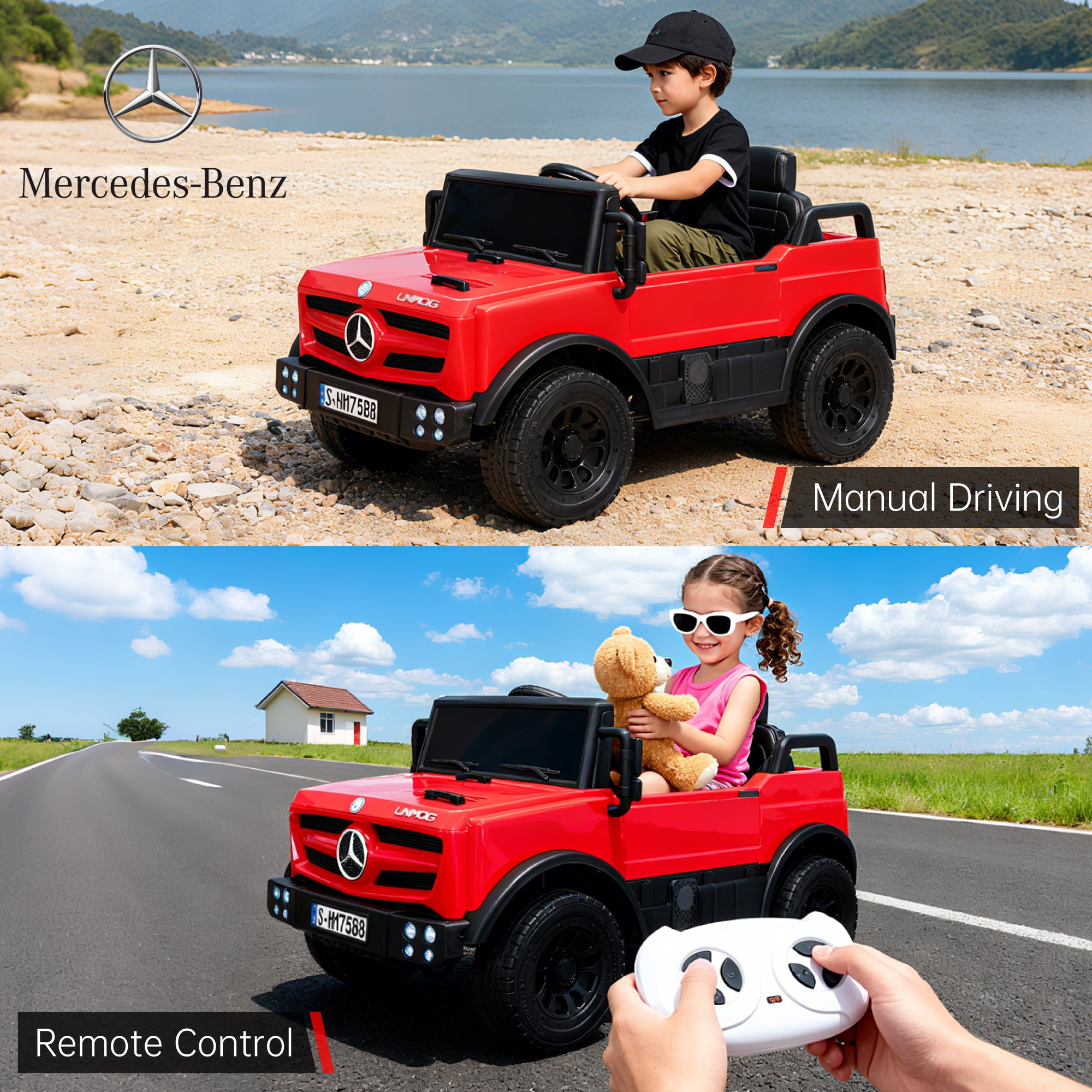 BKIRNP 12V Ride on Toys Electric Car,Licensed Mercedes-Benz Unimog w/Parent Remote Control,Age for 1-4 Boys,Girls,Kids,Red