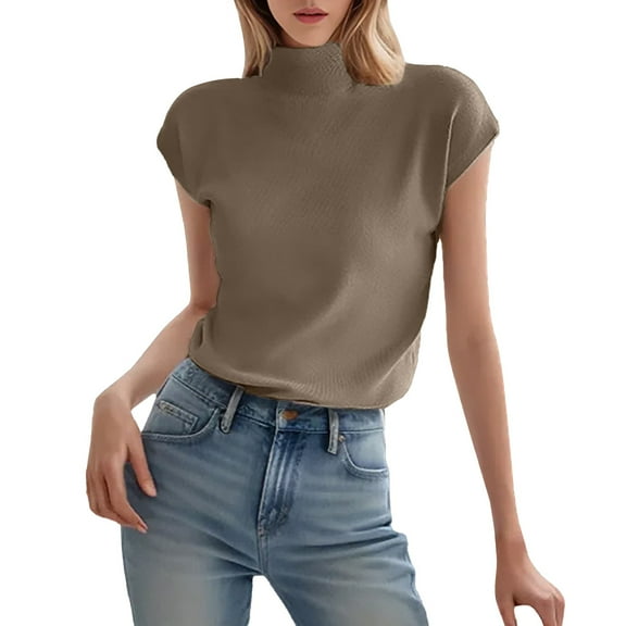 nochalofo Beige Turtleneck Casual T Shirts for Women, Ice Silk Short Sleeve Sweater Small Turtle Collar Spring and Summer Casual Basic Knitted Slim Fit Pullover