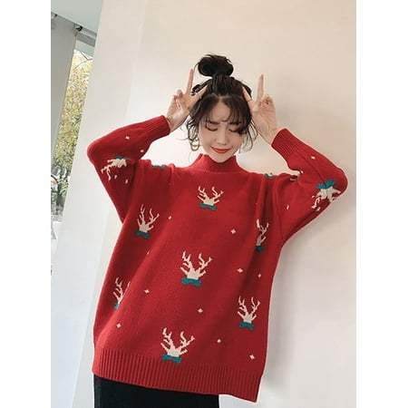 Fashion Women's Christmas Reindeer Cartoon Pattern Sweater Loose Casual Turtleneck Knit Pullover