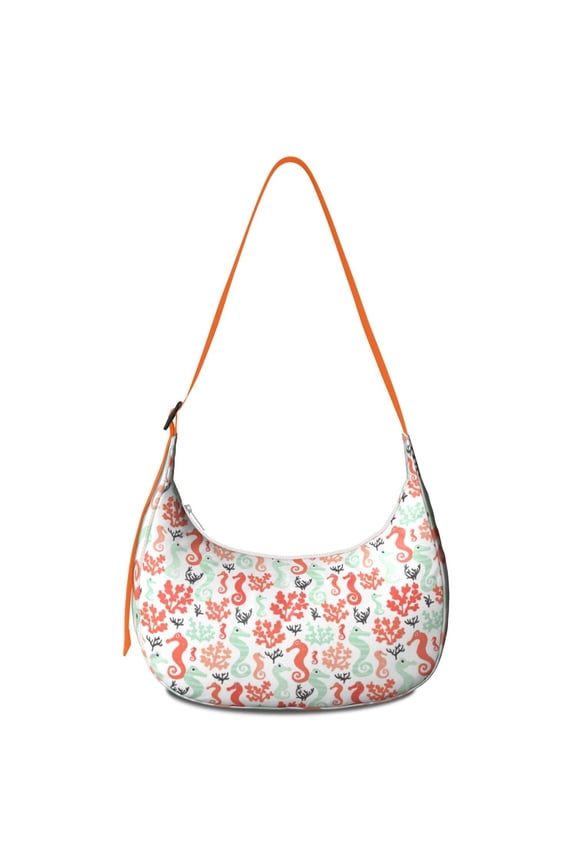 Marine Life Seahorse Crossbody Bag, Tropical Nautical Coastal Cute Cartoon Underwater Shells Waves Jellyfish Plants Starfish Fish Seaweed Beach Seashells Ocean Coral Summer Seaside Purse