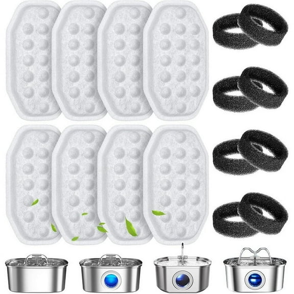 8 Set Cat Water Fountain Filters Replacement & Pre-Filter Sponges for 108oz/3.2 Stainless Steel Pet Water Fountain