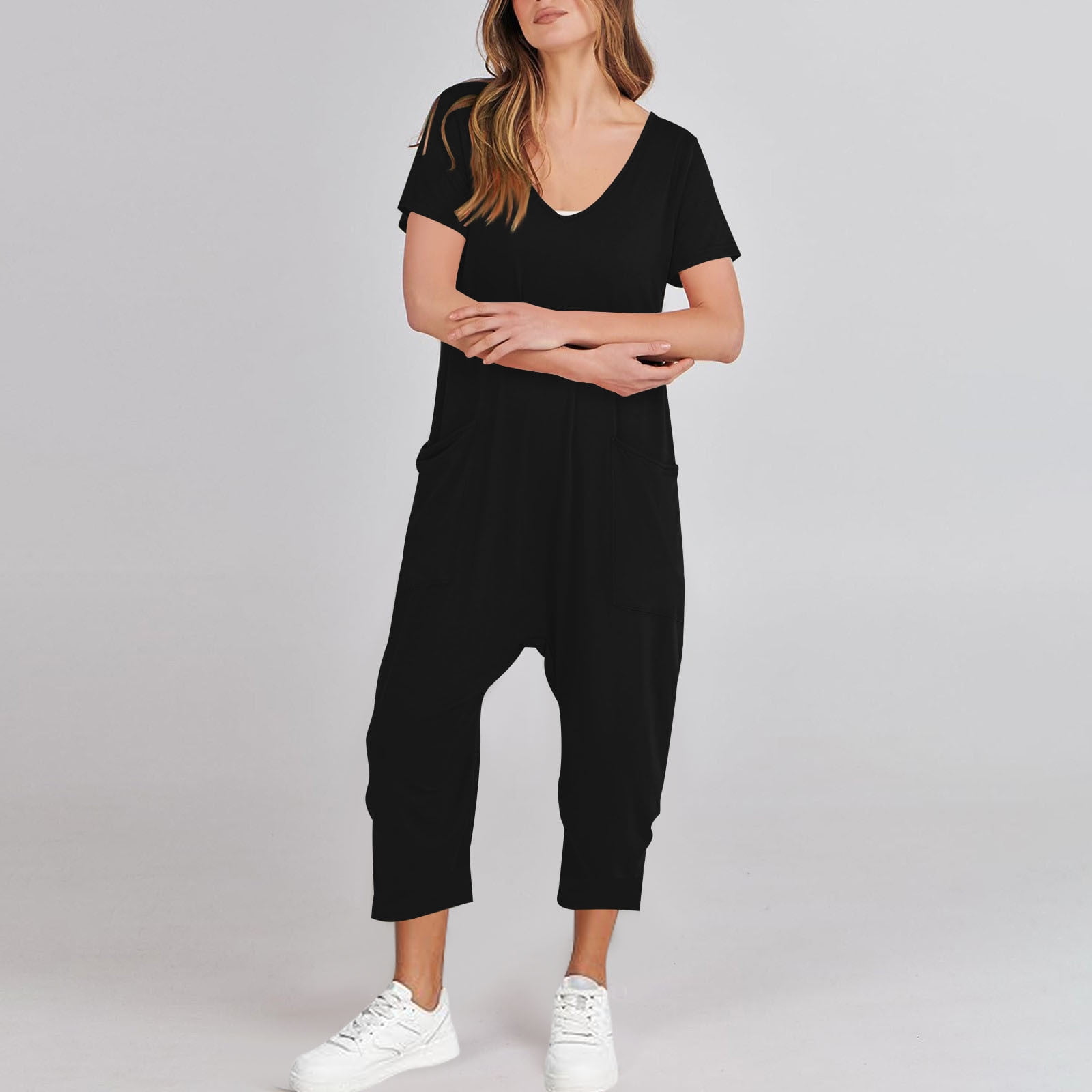 AGWOLF Adult Onesie Pajamas for Women Stretch V Neck Short Sleeve Jumpsuits Loose Fit Solid Ankle Length Pants Summer Rompers with Pockets Soft Sleepwear Homewear One Piece Black XXL