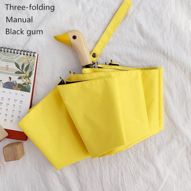 Cute Duck Head Wooden Handle Folding Umbrella for Sun and Rain Protection