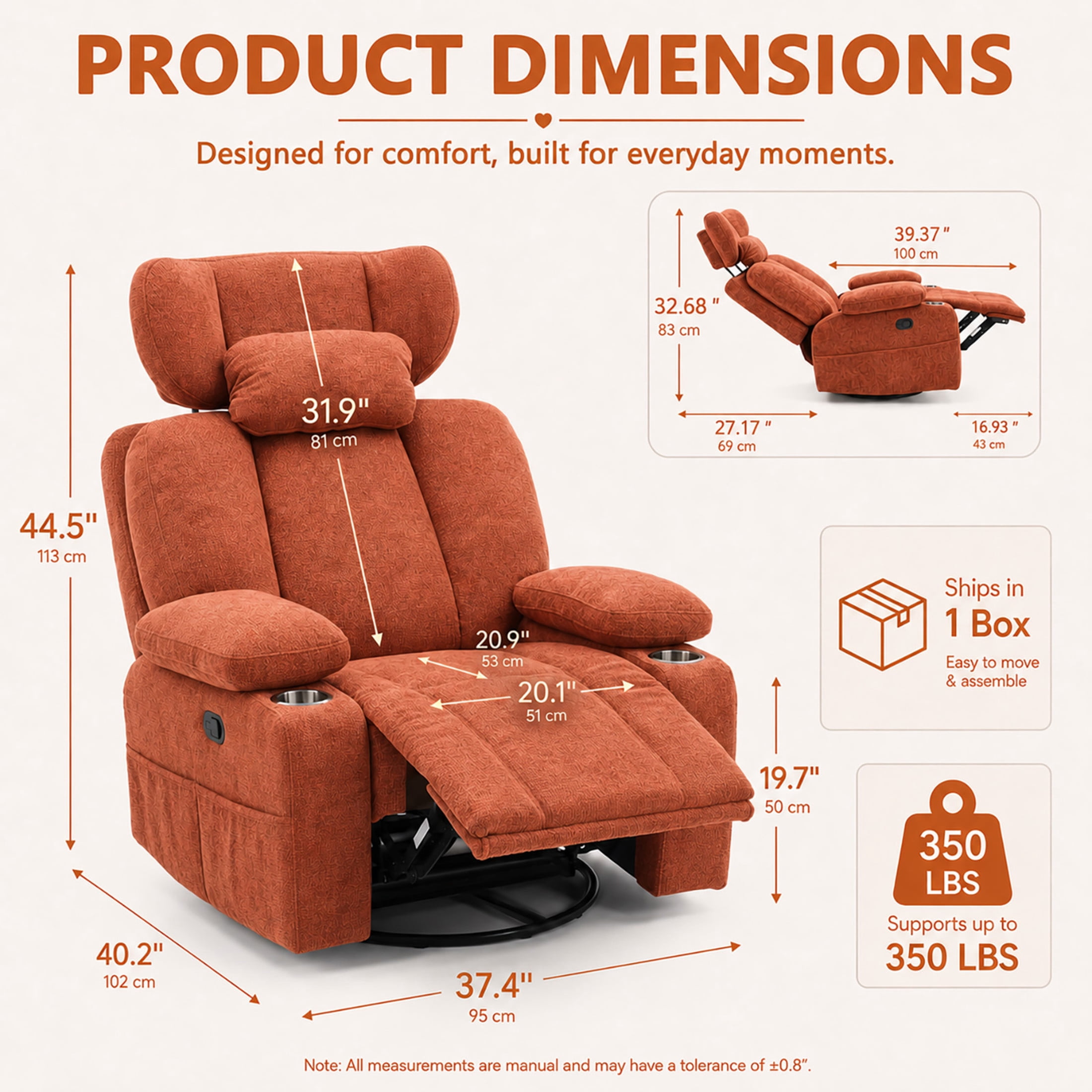 GDF Studio Turden 360° Swivel Manual Rocking Recliner with Detachable Neck Pillow, Versatile Lounge Chair, Orange