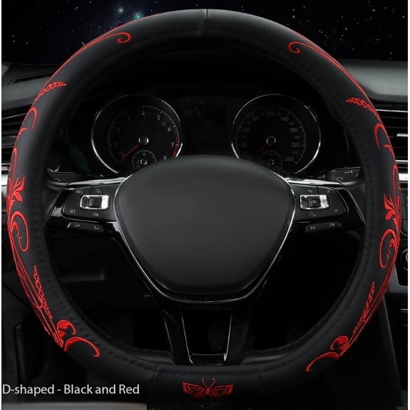 D-Type Embroidered Leather Steering Wheel Cover Anti-Slip Sweat Absorbent Fit 15 inch