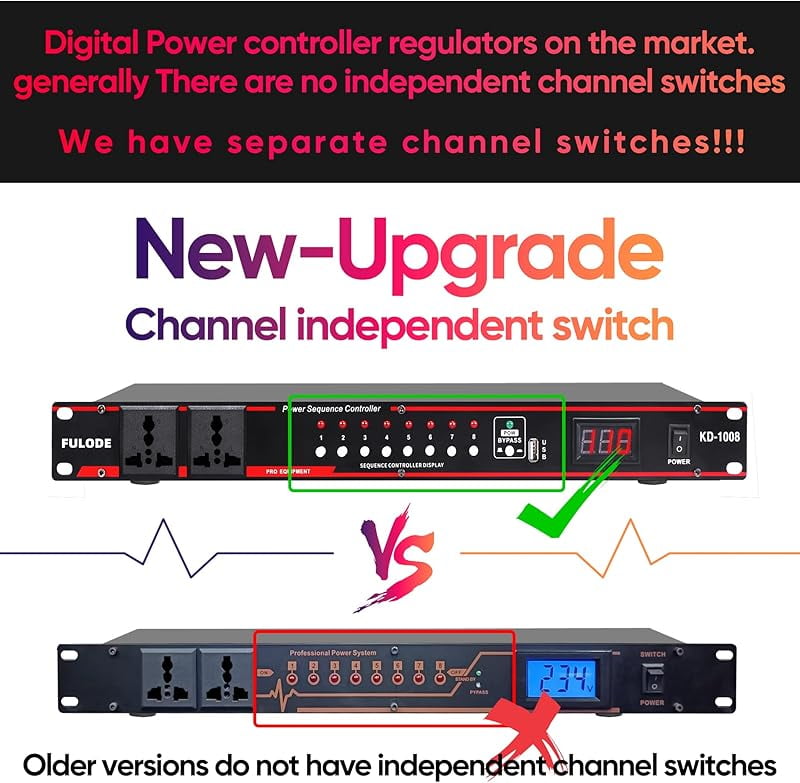 FULODE 2000W 10 Socket Sequential Rack Professional Audio Power Conditioning ，Digital Voltmeter, USB, Surge Protector for Home Theater Stage/Studio (FL-1000).