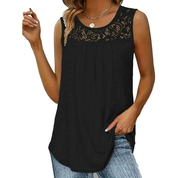 Summer Tank Tops for Women Loose Fit Pleated Tunics Scoop Neck Sleeveless Lace Tops Curved Hem Flowy Black XXL