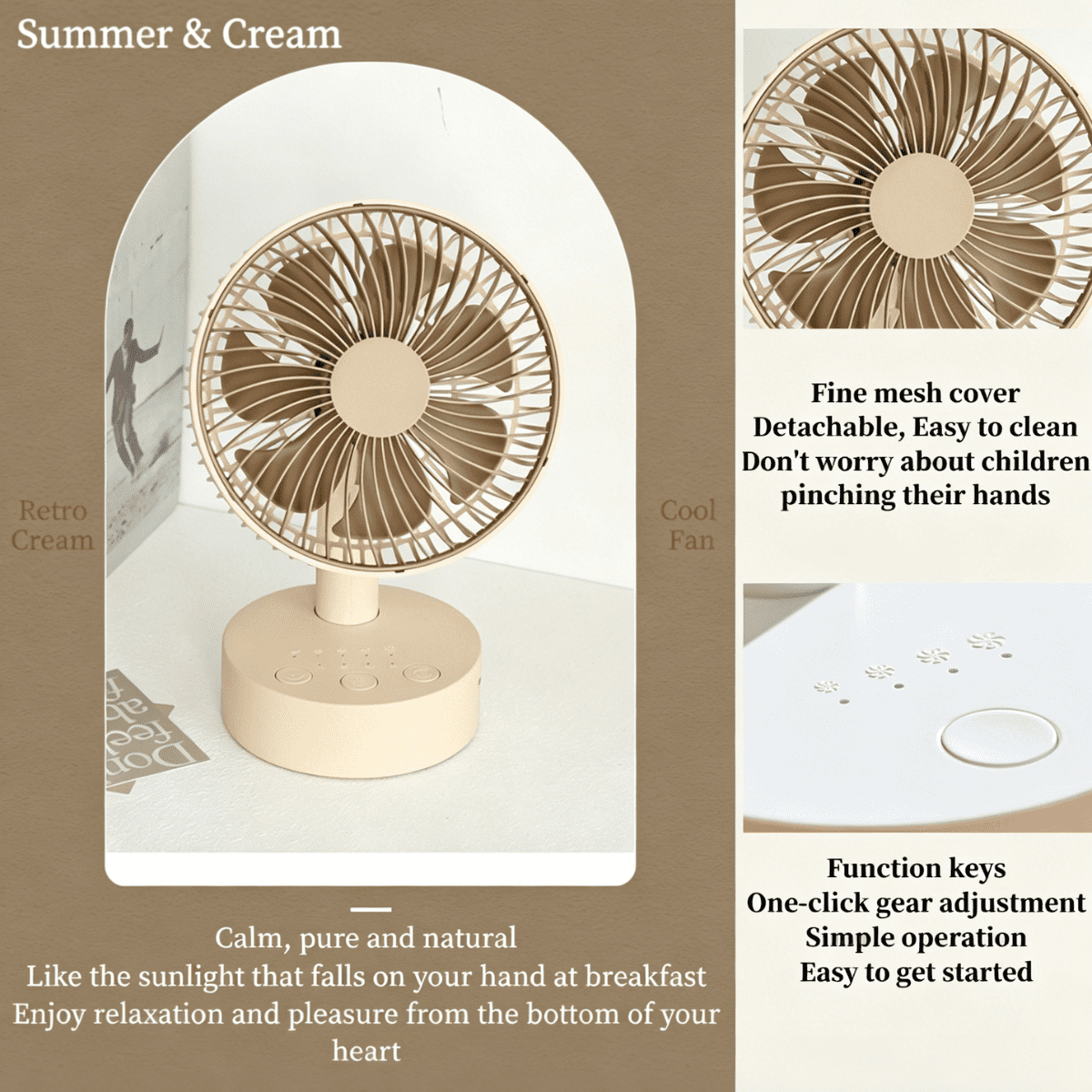 SpaceMuse 6 inch Oscillating Fan, 4 Speeds and 8H Timer Desk Air Circulator Fans with USB Rechargeable, 30dB Quiet Table Fan for Bedroom, Khaki