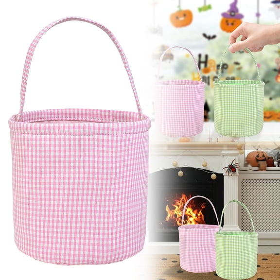 Halloween Basket, Classic Gingham Halloween Bucket Bag for Trick or Treat, Candy Hunt, Party Favors and Spooky Decorations