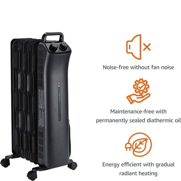 Oil Space Heater, Portable Radiator Heater with 7 Oil-Filled Fins for Indoor Use, 3 Heat Settings, Thermostat, Tip-Over Protection, Manual Control, 1500W, Black