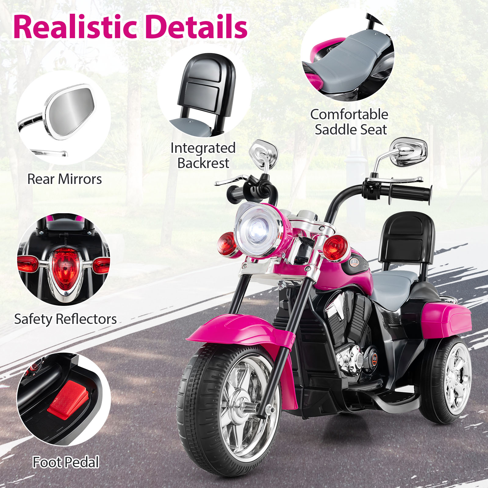 Gymax 6V Electric Kids Motorcycle 3-Wheel Ride On Toy w/ Adjustable Headlight Rose