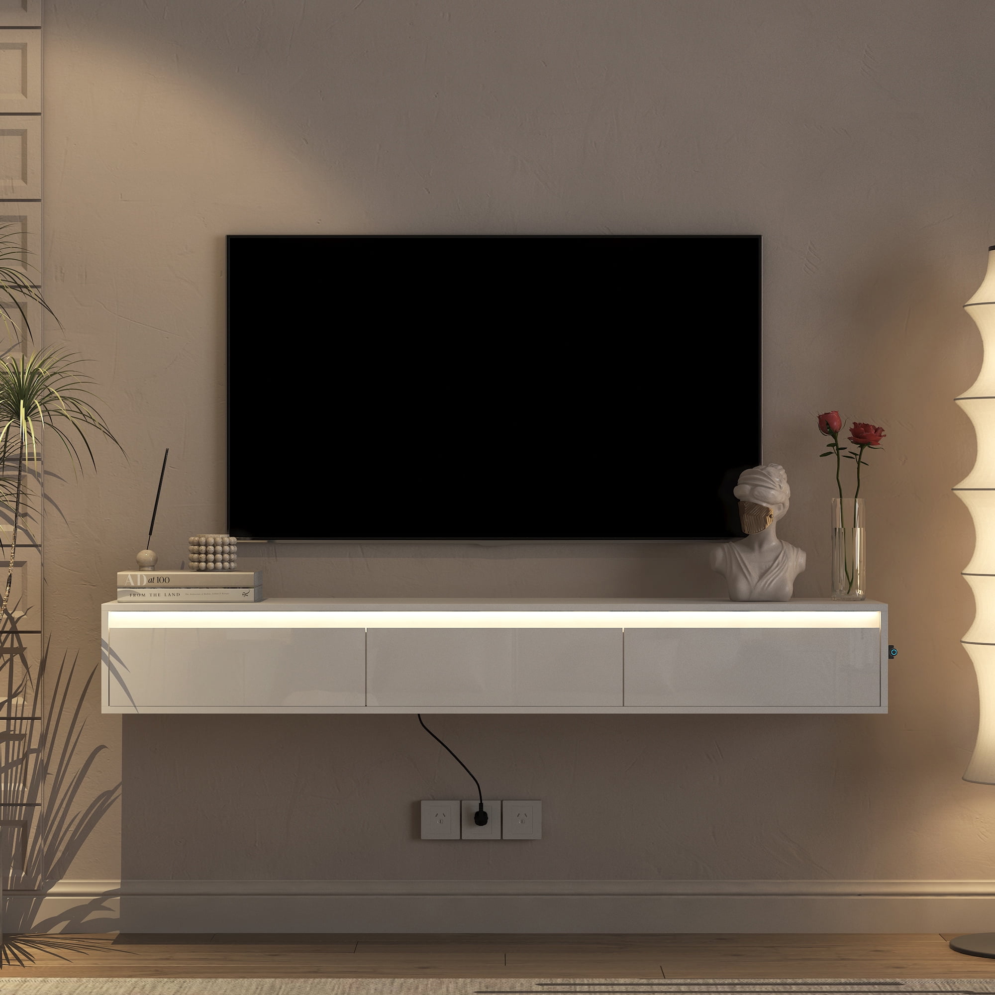 Aukfa Floating TV Stand for TVs up to 65" 70",Wall Mounted TV Shelf High Gloss TV Cabinet,White