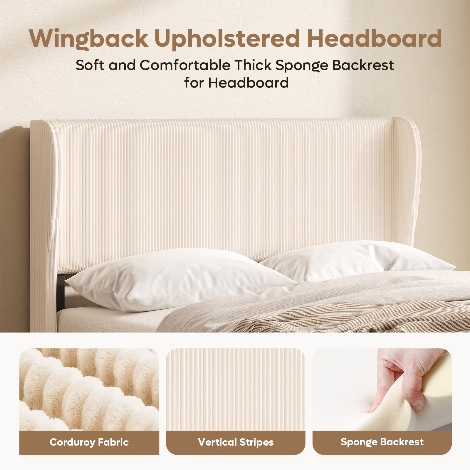 Bestier Full Size Corduroy Bed Frame with Wingback Headboard, Upholstered Platform Bed with Wood Slats, No Box Spring Needed, Beige