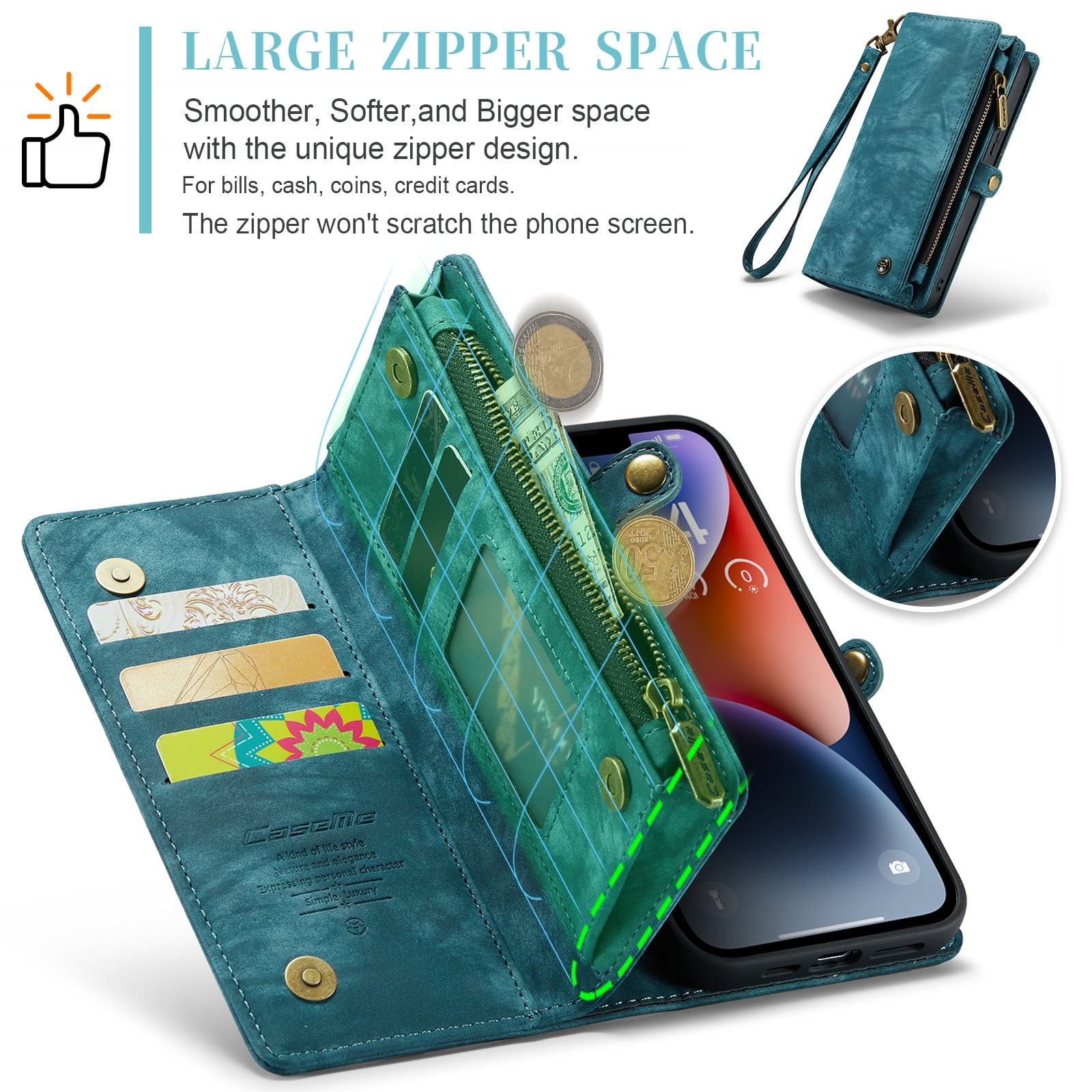 For Apple iPhone 15 Plus Wallet Case,Multi-Functional Retro Leather Purse Flip Cover Zipper Wallet Case with Removable Card Slots Pocket & Detachable Wrist Strap Magnetic Phone Case, Green