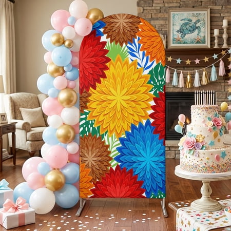 Dahlias Bloom Arch Backdrop Covers 5 FT Modern Exotic Minimalist Red Blue Yellow Orange Brown Flowers Stretchy Fitted Arched Stand Covers Party Arch Stand Cover Photo Booth for Wedding Birthday