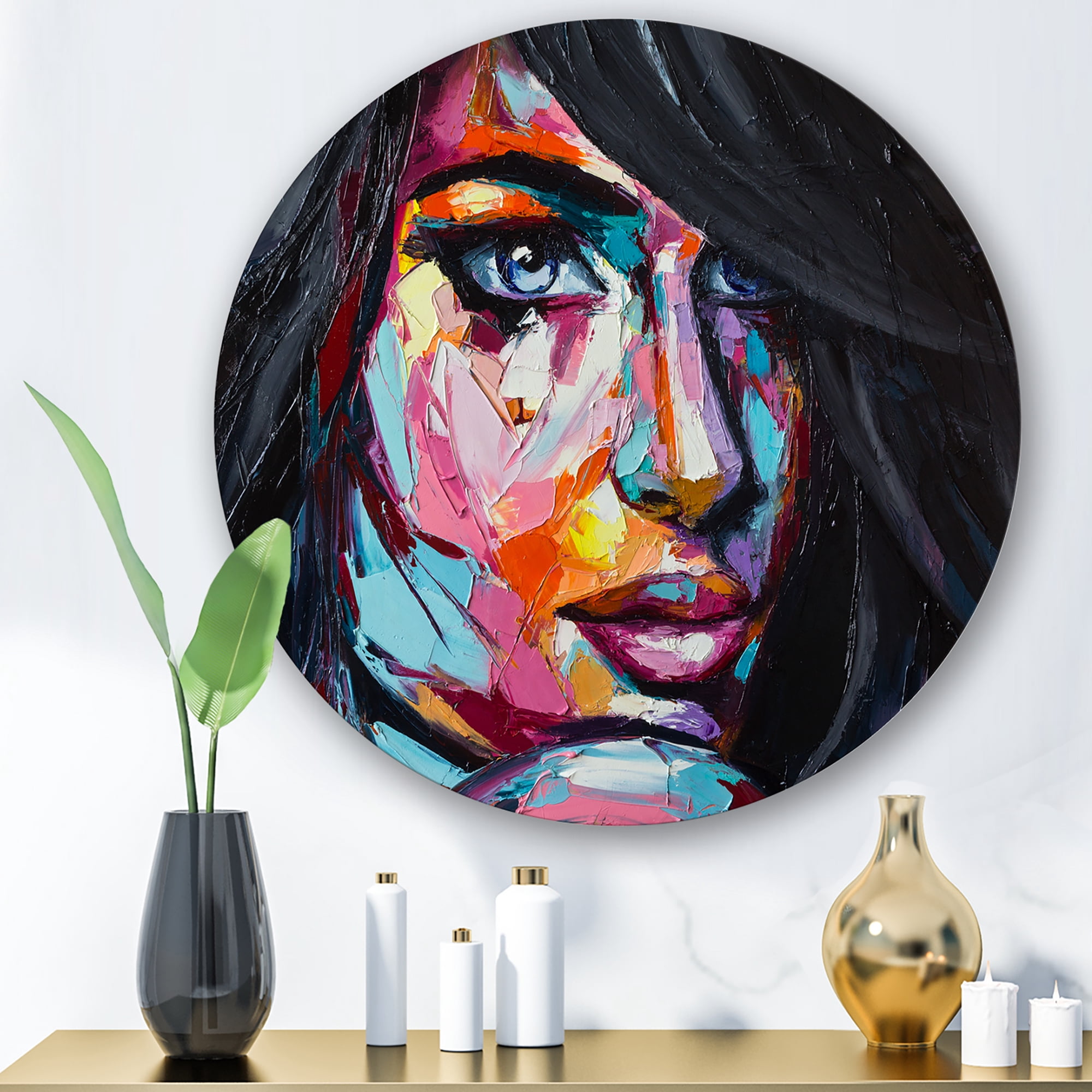Designart 'Abstract Colorful Fantasy Portrait Of A Young Woman II' Modern Circle Metal Wall Art 11x11 - Disc of 11