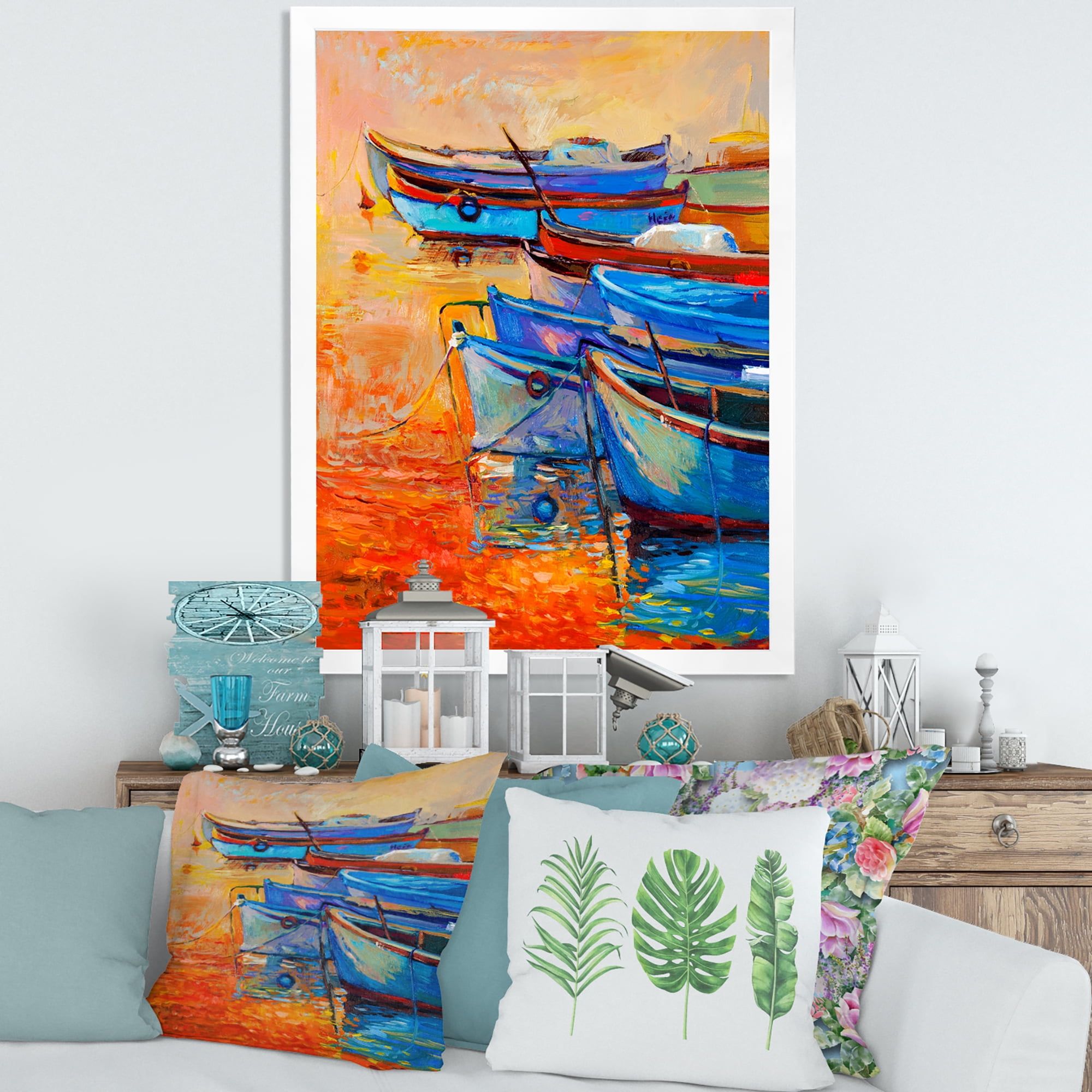 Boats During Warm Sunset Resting On The Water VIII 24 in x 32 in Framed Painting Canvas Art Print, by Designart