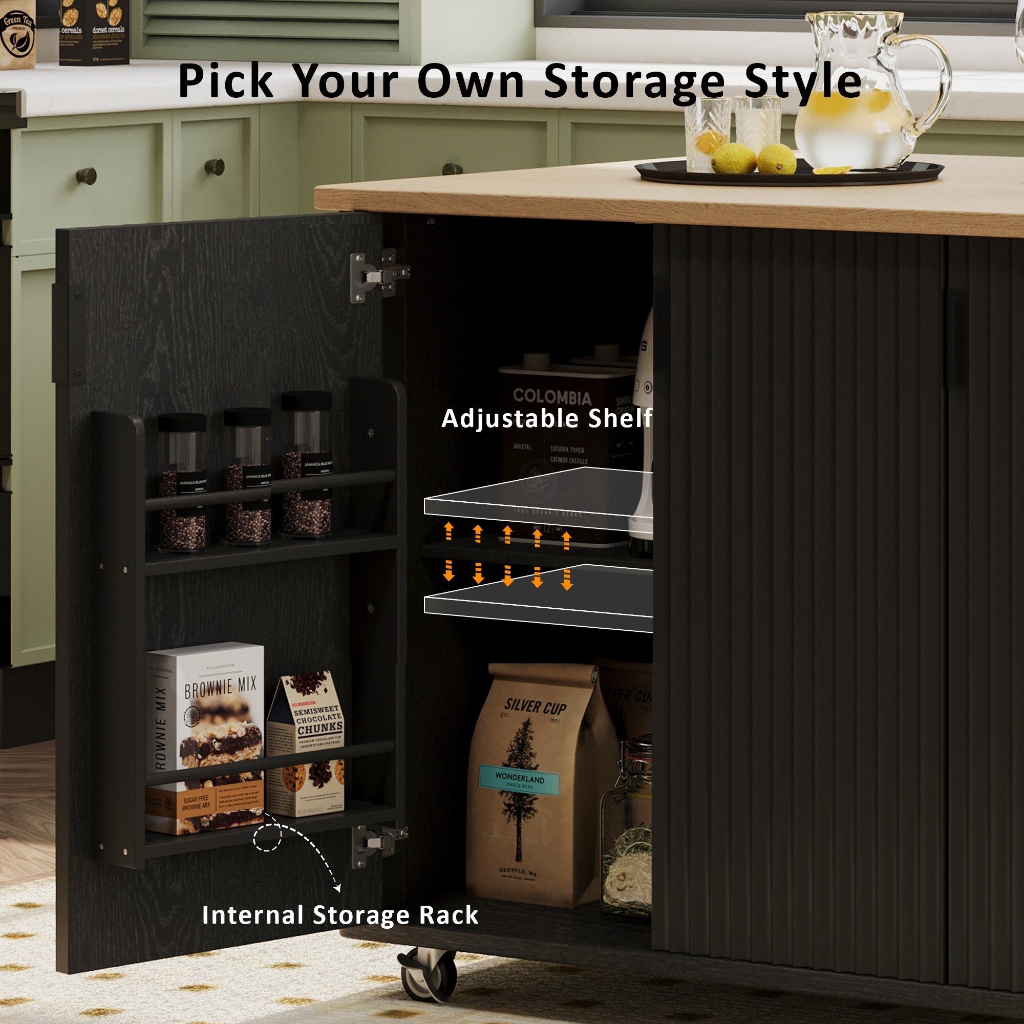 DEALTOPS 51" Fluted Panel Kitchen Island with Drop Leaf, 3-Door Rolling Storage Cabinet Cart, Black Ash