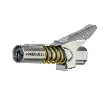 LockNLube Grease Coupler locks onto Zerk fittings. Grease goes in, not on the machine. World's best-selling original locking grease coupler. Rated 10,000 PSI. Long-lasting rebuildable (Best Grease Gun Coupler)