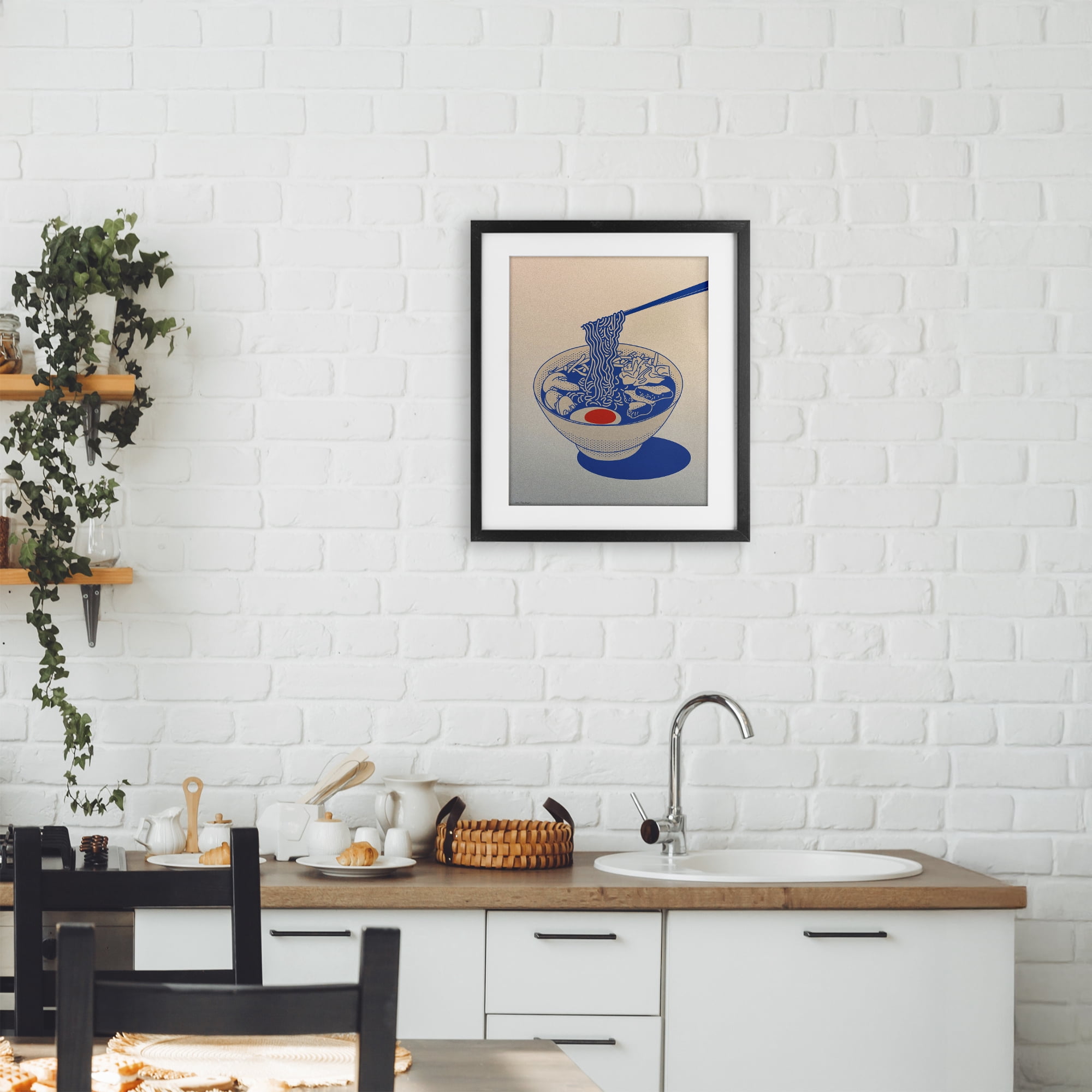 Ramen Noodle Bowl Gradient Black Framed Print Under Glass, design by Seven Trees Design