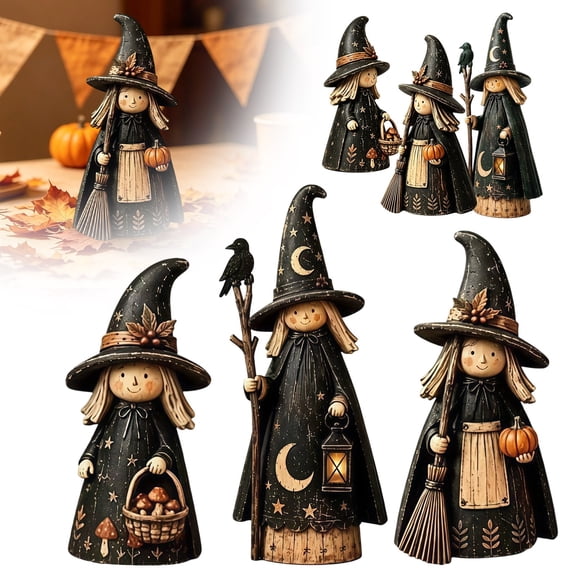 Set of 3 Wooden Witch Halloween Desk Figurines Farmhouse Fall Tabletop Ornament for Shelf Mantel Decor