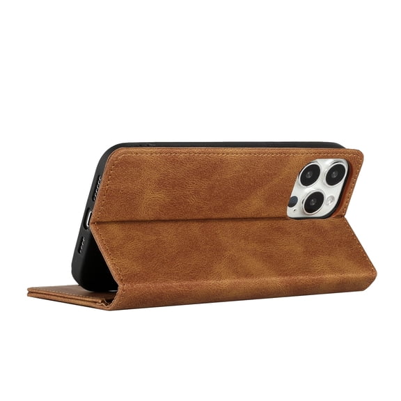 For Apple iPhone 14 PLUS Wallet Premium PU Vegan Leather ID Card Money Holder with Magnetic Closure - Brown