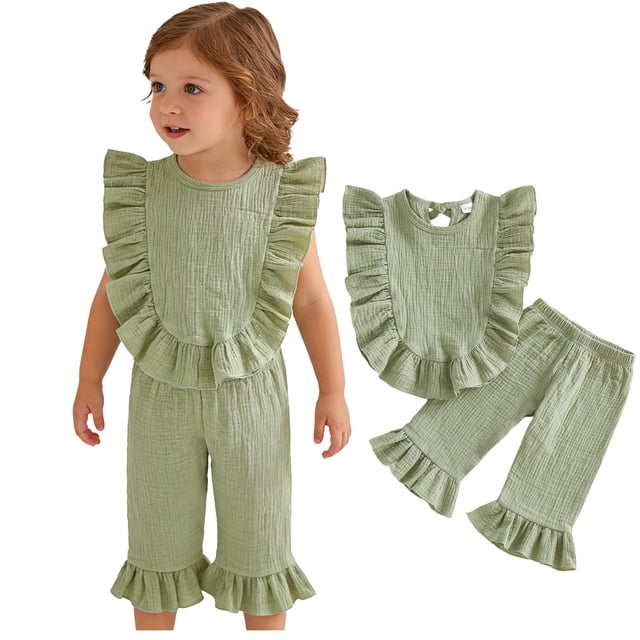 Girls Casual Linen Blend Two-Piece Outfit for Girls Soft Comfort Spring Summer Set with Ruffle Details and Everyday Wear