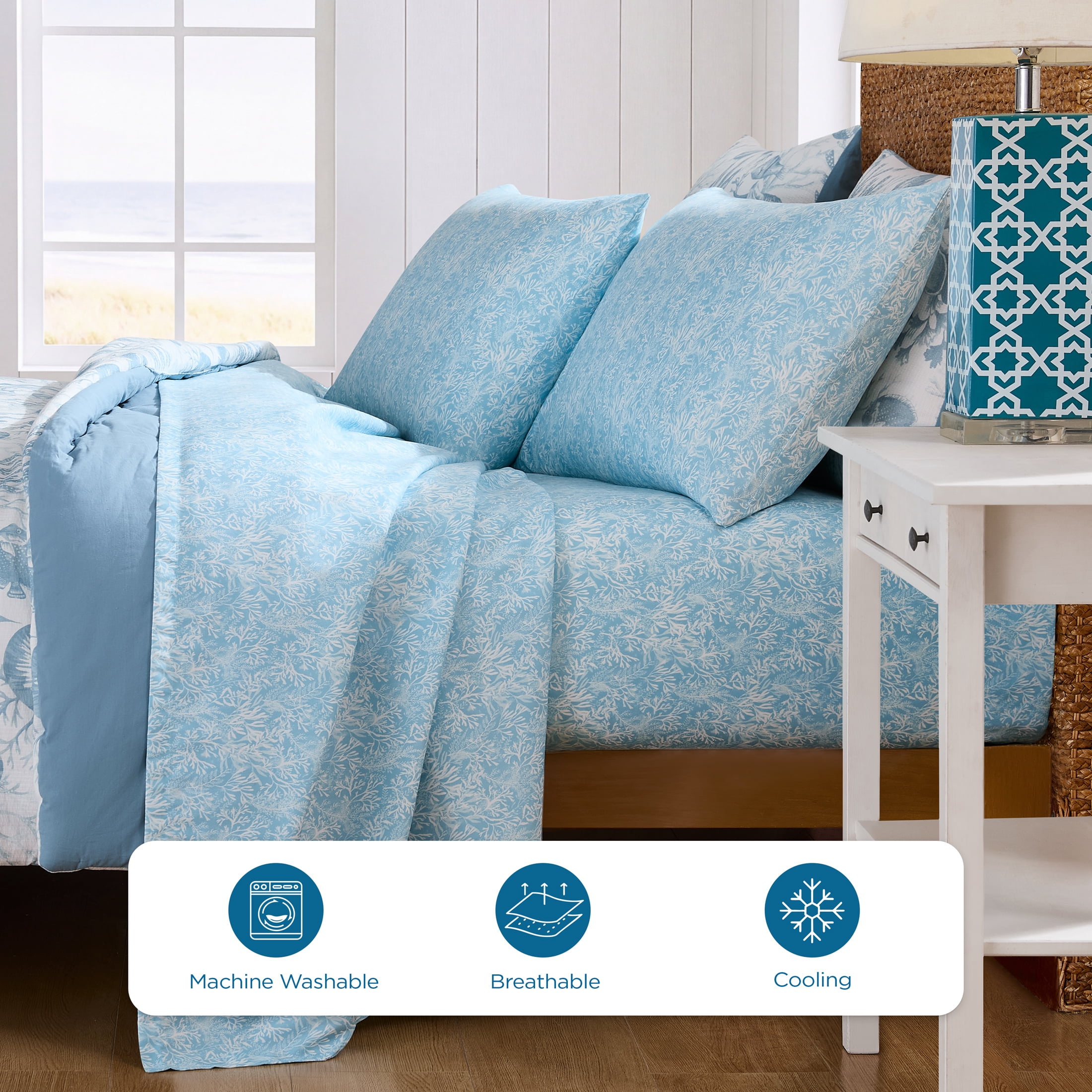 Coastal Living 4-Piece Blue Print Soft Brushed Microfiber Luxury Cooling Sheet Set, King