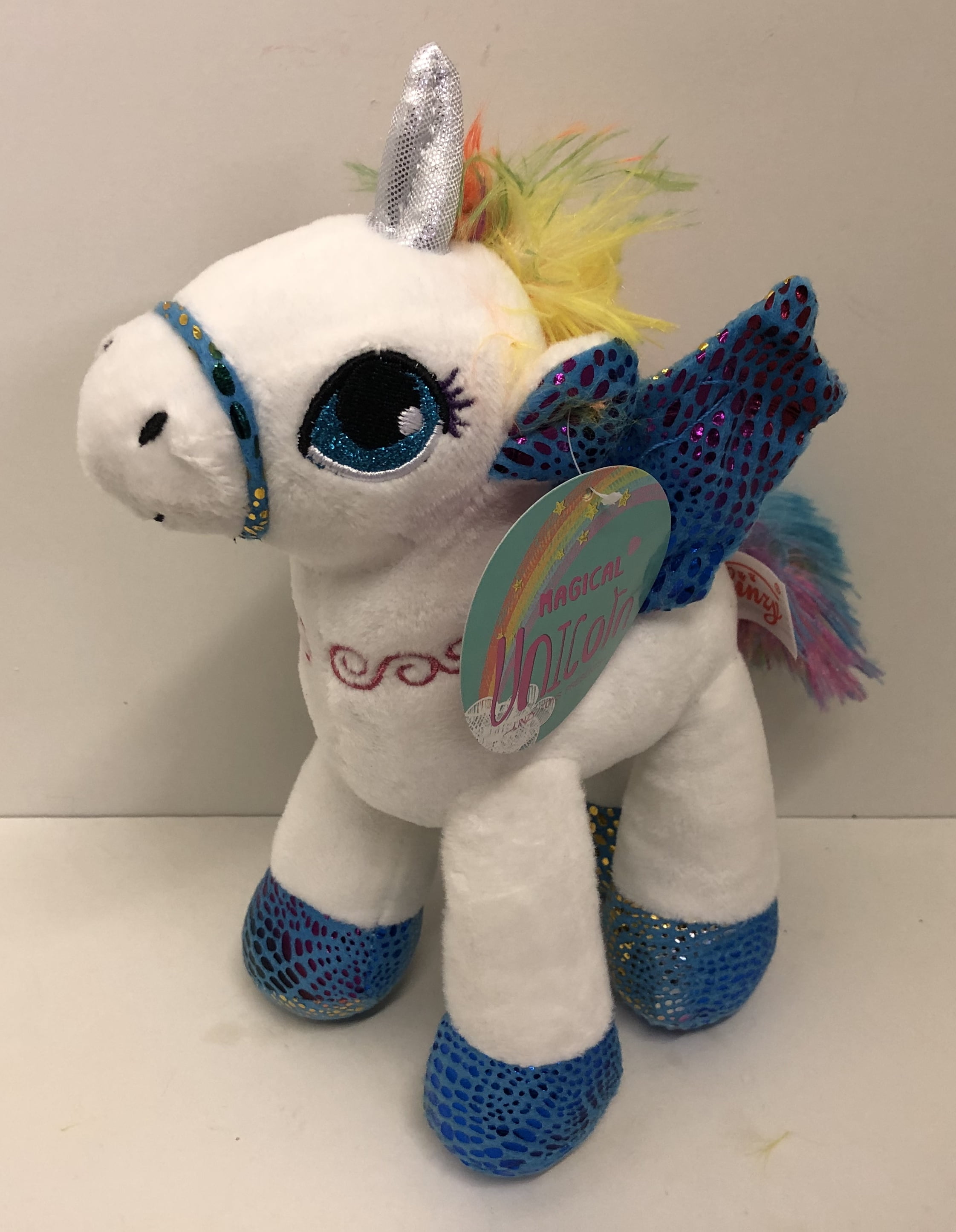 Pink Unicorn with Wings and Rainbow Colored Manes Plush Stuffed Animal 9" 